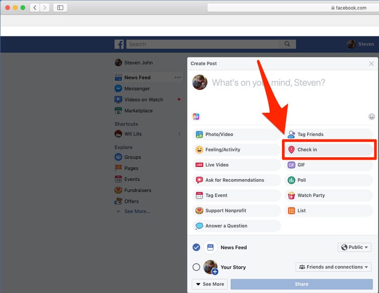 how to check in on facebook